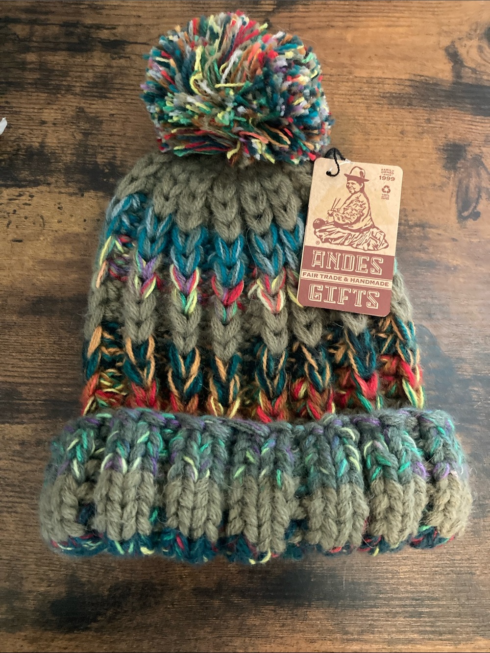 Andes Gifts Olive Multicolor Pom Pom Knit Beanie